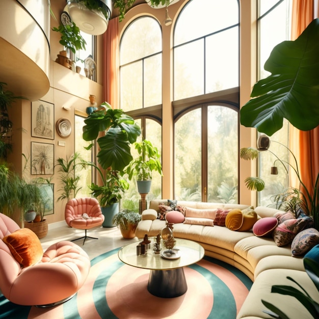 Un soggiorno con una grande finestra e un divano con cuscini e un tavolo con sopra una pianta