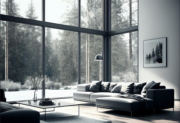 Un soggiorno con una grande finestra e un grande divano con sopra una foresta.
