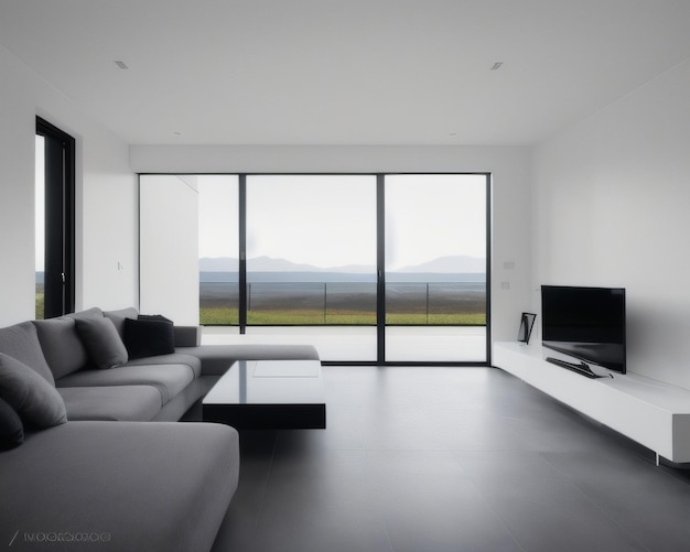 Un soggiorno con una grande finestra e un televisore a parete.