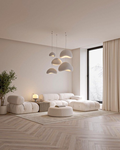 Un soggiorno con una grande finestra e una lampada appesa al soffitto