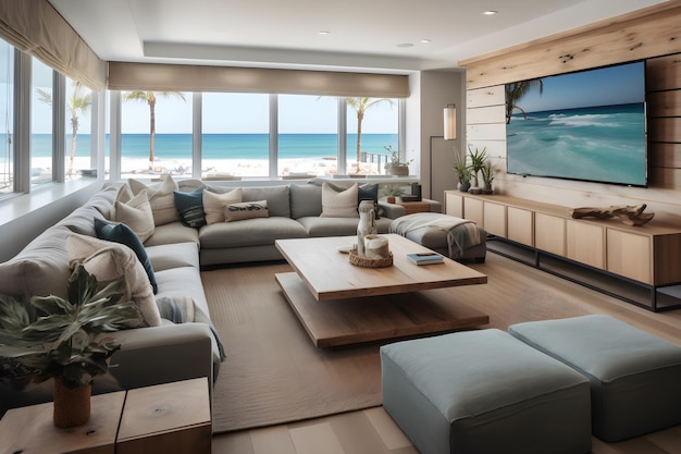 Un soggiorno con una grande tv e una grande finestra che dice vista sulla spiaggia.
