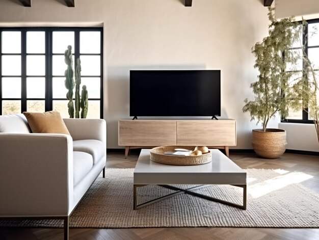 Un soggiorno con una grande tv e una pianta sul muro.