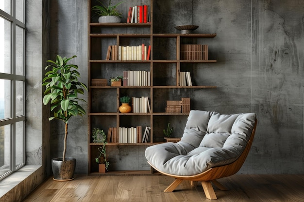 Un soggiorno con una libreria a sedia e una pianta in vaso in un ambiente minimalista