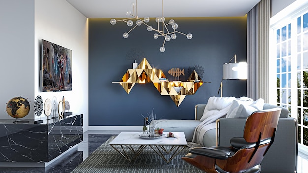 Un soggiorno con una parete blu con accenti dorati e una parete con accenti neri e dorati.