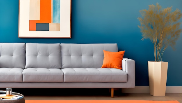 Un soggiorno con una parete blu e un divano grigio con un cuscino arancione.