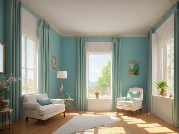 Un soggiorno con una parete blu e una sedia bianca e una lampada.