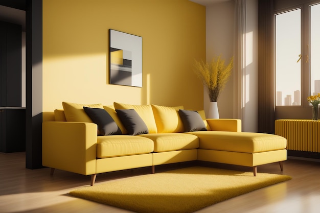 Un soggiorno con una parete gialla su cui c'è una tv e un divano che dice casa