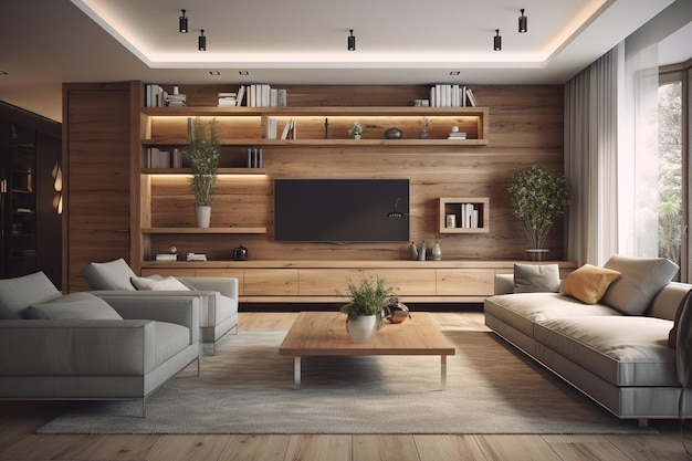 Un soggiorno con una parete in legno e una tv sulla parete che dice "la parola casa"