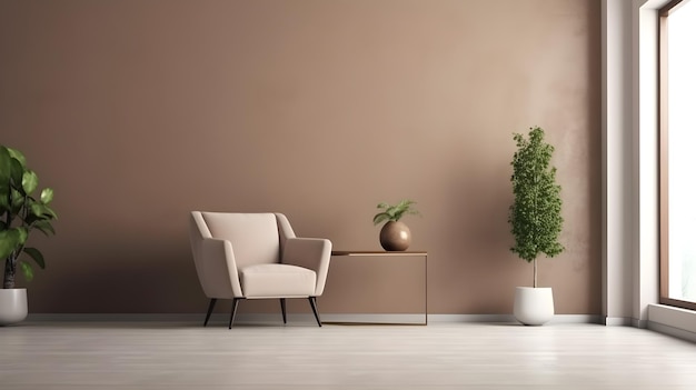 Un soggiorno con una parete marrone e una pianta sul tavolo.