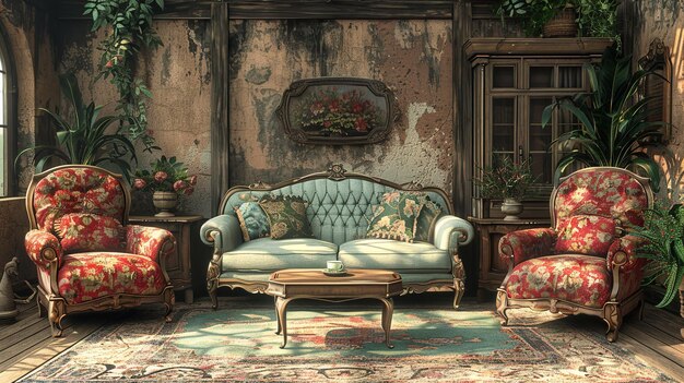 Un soggiorno con una parete marrone, un divano, una sedia, un tavolo e un tappeto sul pavimento.