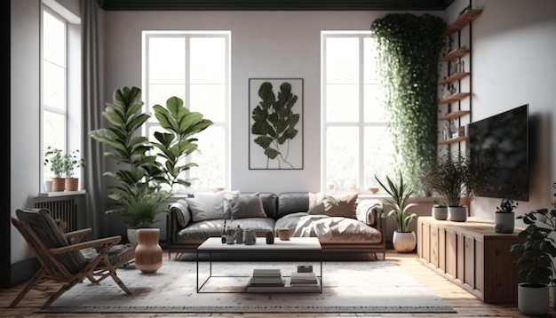 Un soggiorno con una parete vegetale e un divano con sopra una pianta.