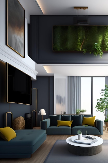 Un soggiorno con una parete verde e un divano con sopra un divano blu e una pianta verde.