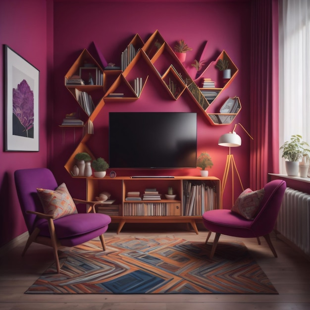 Un soggiorno con una parete viola con un radiatore bianco e una sedia viola.