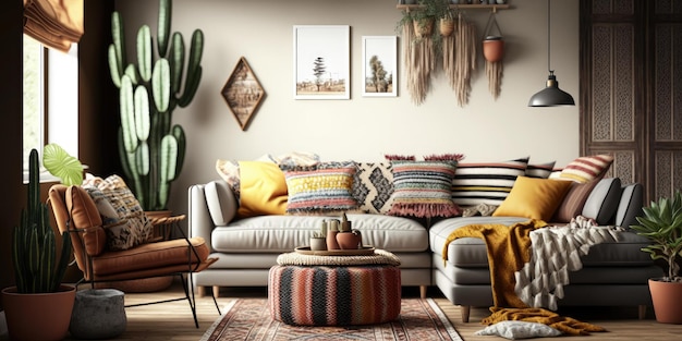 Un soggiorno con una pianta di cactus sul muro e un divano con un divano grigio e un divano grigio.
