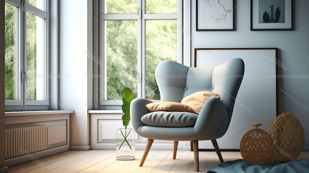 Un soggiorno con una sedia e un vaso con una pianta verde sul tavolo.