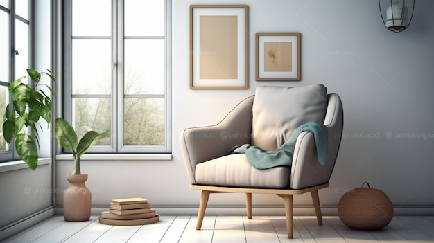 Un soggiorno con una sedia e una finestra che dice "un libro"