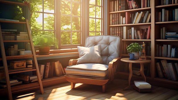 Un soggiorno con una sedia e una libreria con sopra una pianta