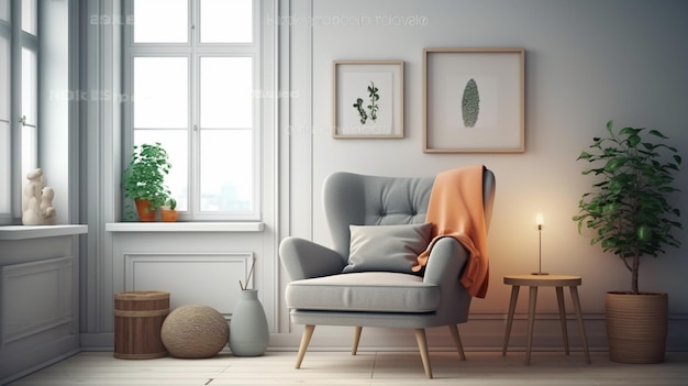 Un soggiorno con una sedia e una pianta sul muro.