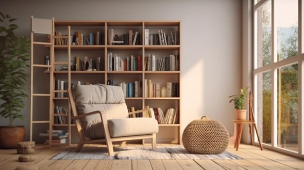 un soggiorno con una sedia e uno scaffale con libreria e un cestino di vimini.