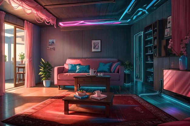 un soggiorno con una striscia di luci a led blu e rosa