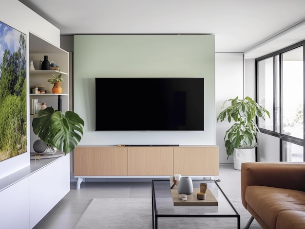 Un soggiorno con una tv a parete e una pianta a parete.