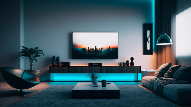 Un soggiorno con una tv con una luce blu che dice "intelligente".