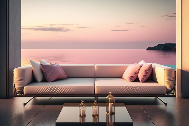 Un soggiorno con vista sull'oceano e un tramonto sul muro