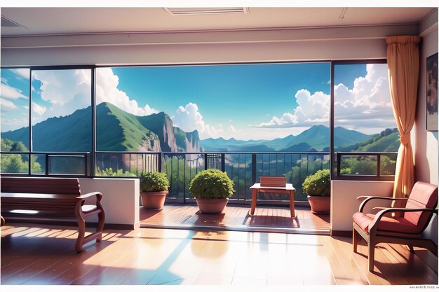 Un soggiorno con vista sulle montagne e una grande finestra.