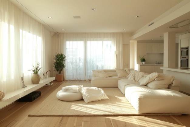 Un soggiorno contemporaneo in stile bianco e beige naturale che trasuda un'eleganza semplice e accogliente sotto la dolce illuminazione della luce del giorno