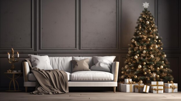 Un soggiorno festoso adornato con un albero di Natale splendidamente decorato e regali