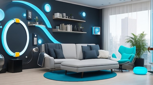 Un soggiorno futuristico ridefinito con mobili intelligenti e decorazioni murali interattive