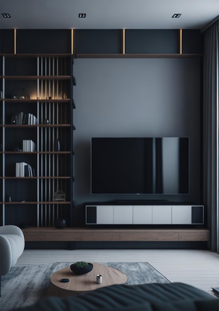 Un soggiorno in bianco e nero con una tv e uno scaffale che dice "tv"