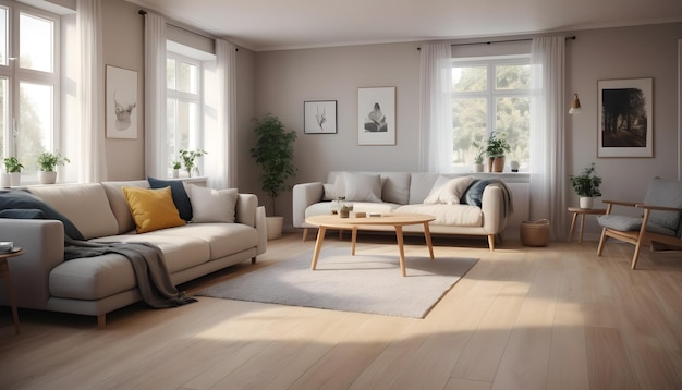 un soggiorno in stile scandinavo con pavimenti in legno chiaro, tessuti accoglienti e arredamento minimalista