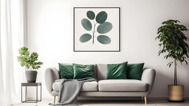 un soggiorno in un soggiorno con un divano grigio una stampa a cornice di foglia di eucalipto verde