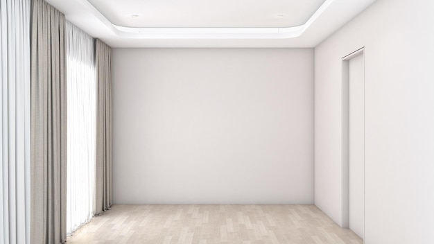 Un soggiorno interno vuoto con pavimenti in legno e tende in luce naturale è perfetto per qualsiasi rendering 3D di ispirazione per l'interior design o l'arredamento della casa