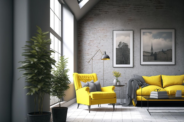 Un soggiorno loft contemporaneo presenta pavimenti in legno bianco e una poltrona gialla
