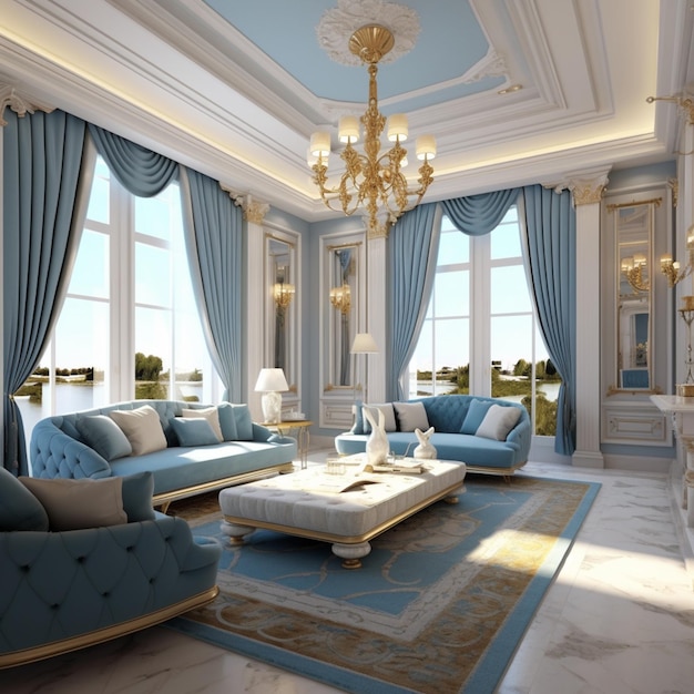 un soggiorno luminoso con mobili blu e bianchi e un lampadario generativo ai
