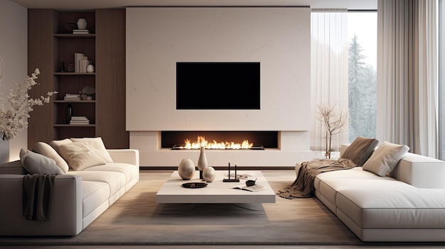 un soggiorno minimalista in un salotto di casa spazioso e lussuoso con un grande camino e un televisore a parete con un'attenzione ai colori calmanti