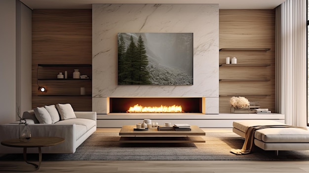 un soggiorno minimalista in un salotto di casa spazioso e lussuoso con un grande camino e un televisore a parete con un'attenzione ai colori calmanti
