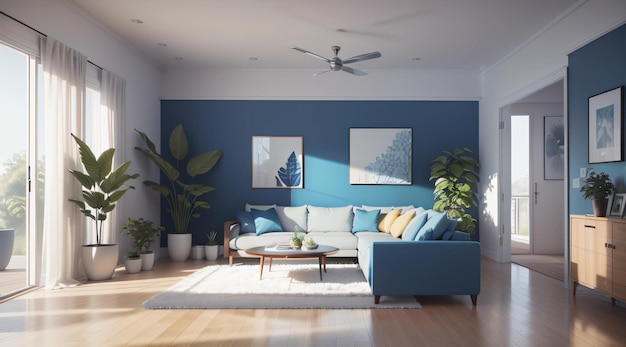 Un soggiorno moderno con divano e piante in tono blu
