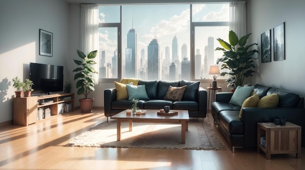 Un soggiorno moderno con splendida vista sulla città attraverso la finestra di vetro