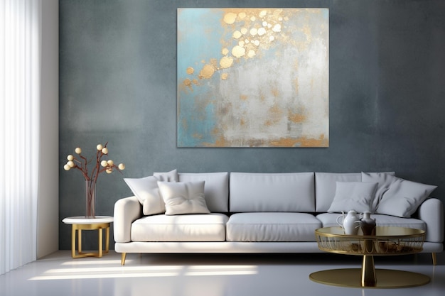 Un soggiorno moderno con un grande dipinto di punti dorati sul muro.