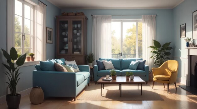 Un soggiorno moderno con vista sulla natura in tonalità blu