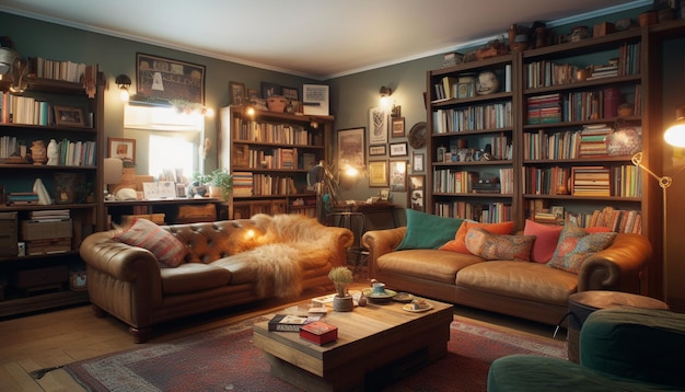 Un soggiorno moderno e confortevole con una collezione di librerie generata da AI