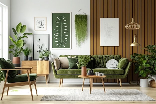 Un soggiorno moderno e minimalista in una casa elegante con mobili in legno marrone, moquette sul pavimento, un divano di design in velluto, una pianta, un libro, una lampada a sospensione, accessori personali e una foto dello spazio
