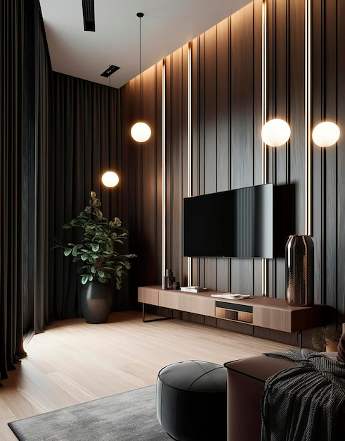 Un soggiorno pieno di mobili e una tv a schermo piatto un rendering 3D in trend AI generato AI generativ