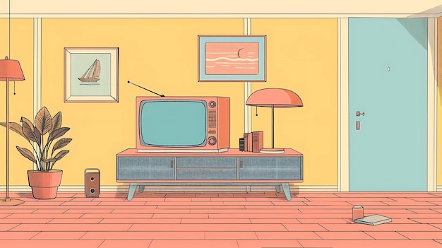 Un soggiorno retro con una TV una lampada una pianta e un dipinto sulla parete La stanza è decorata in una combinazione di colori calda e invitante