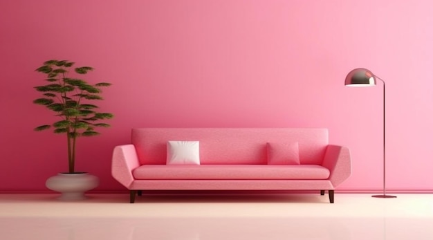 Un soggiorno rosa con una pianta nell'angolo.