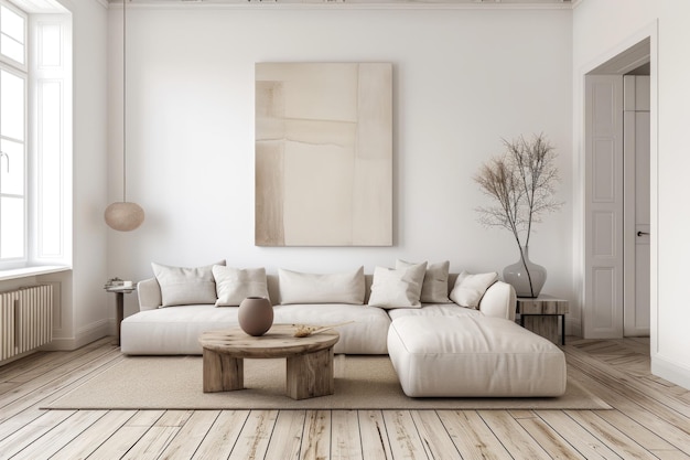 Un soggiorno sereno ed elegante, immerso nella luce naturale, adornato con un arredamento minimalista e toni neutri