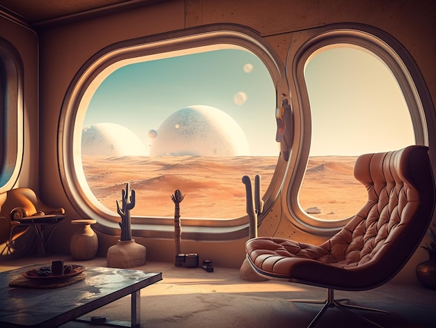 Un soggiorno spaziale pieno di mobili futuristici e una grande finestra che si affaccia su un pianeta deserto AI generato AI generativo AI generativ